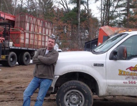 This Is A Photo Of A Man Leaning On An Excavation Plus Pickup Truck At A Job Site, Excavation Plus, Monson Ma